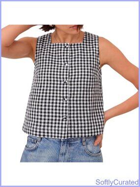 Womens 100% Cotton Gingham Tank Top Square Neck Button Down Crop Vest